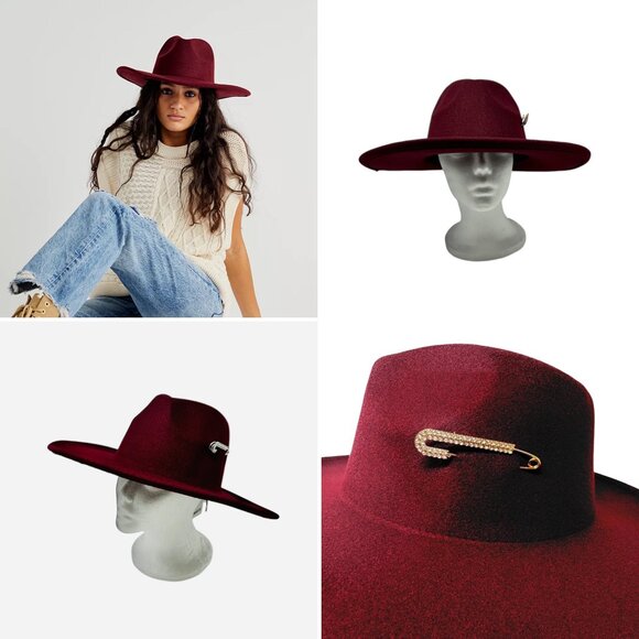 Free People Felt Hat in Merlot with Gold Tone Bling Pin Detail OS NWT